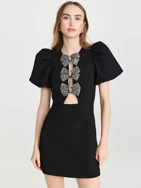 SUNFERE Fitted short dress with a front bow and puffed short sleeves NWT size S